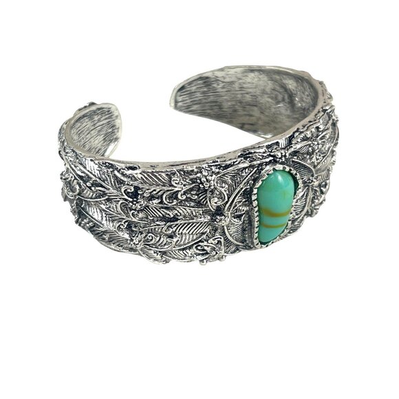 Boho Style Cuff Bracelet Silver Tone with Faux Turquoise Stone and Leaf Detail - Picture 7 of 9